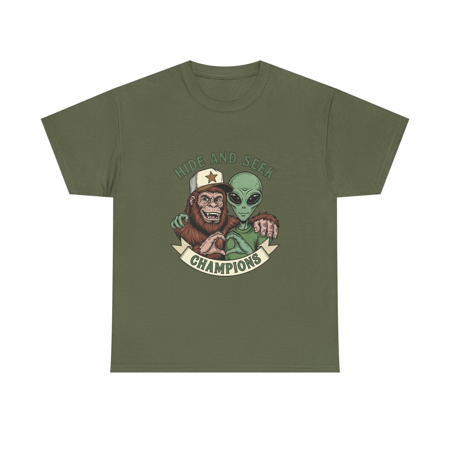Hide and Seek Champions T-Shirt — Bigfoot & Alien Graphic Tee
