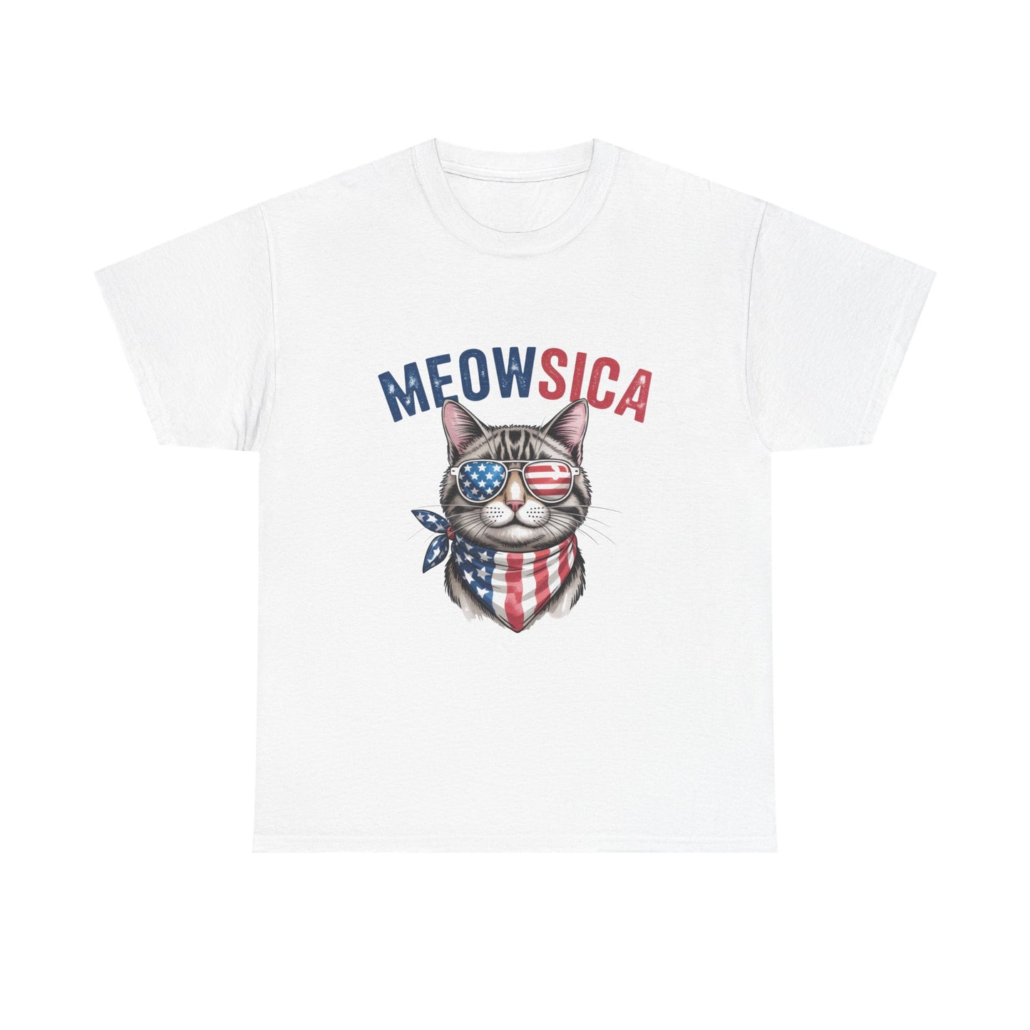 Meowsica Cat T‑Shirt — Patriotic American Flag Kitty Tee