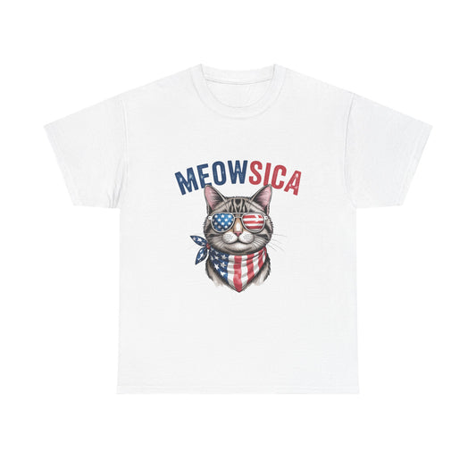 Meowsica Cat T‑Shirt — Patriotic American Flag Kitty Tee