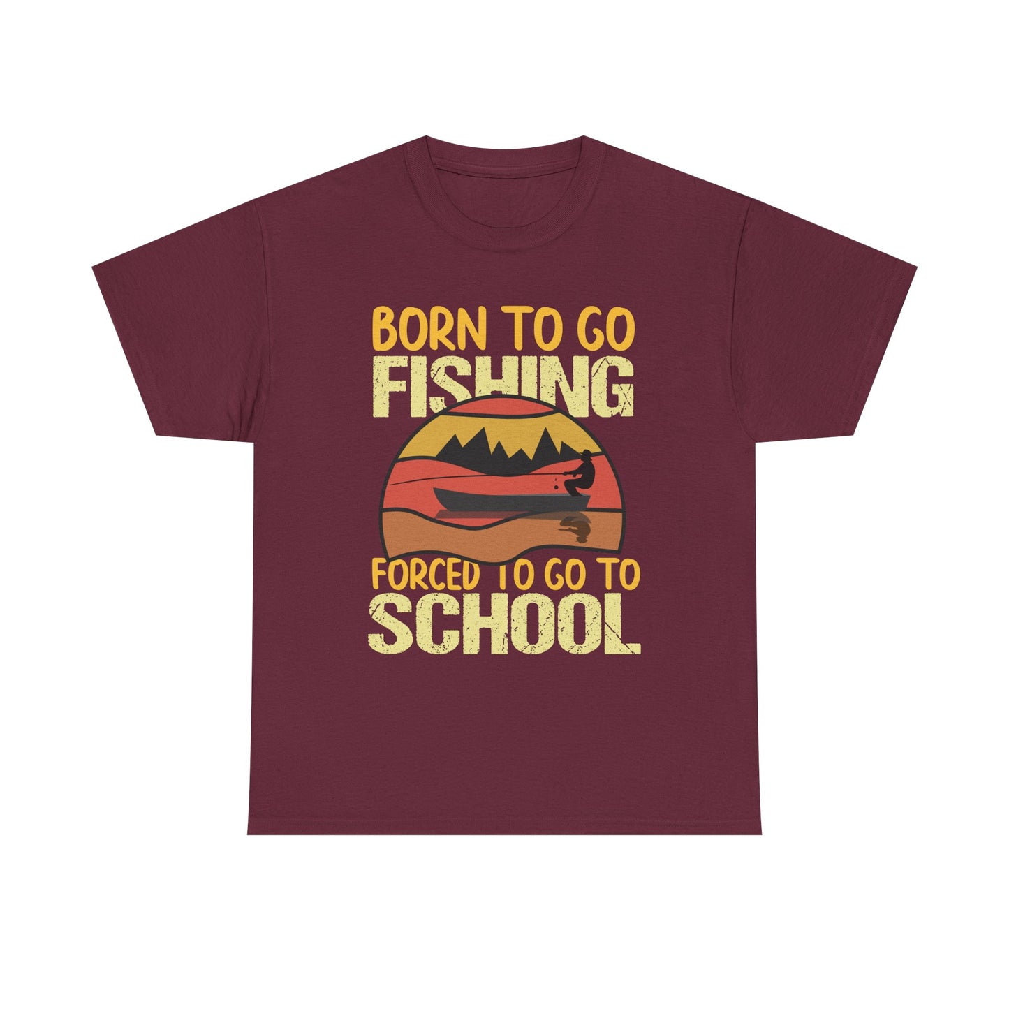 Fishing Graphic Tee - "Born to Go Fishing, Forced to Go to School" Retro Sunset T-Shirt for Kids & Teens