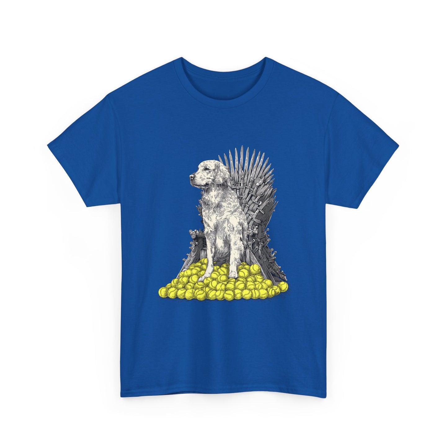Dog Throne T‑Shirt — Dog on Iron Throne of Tennis Balls Graphic Tee