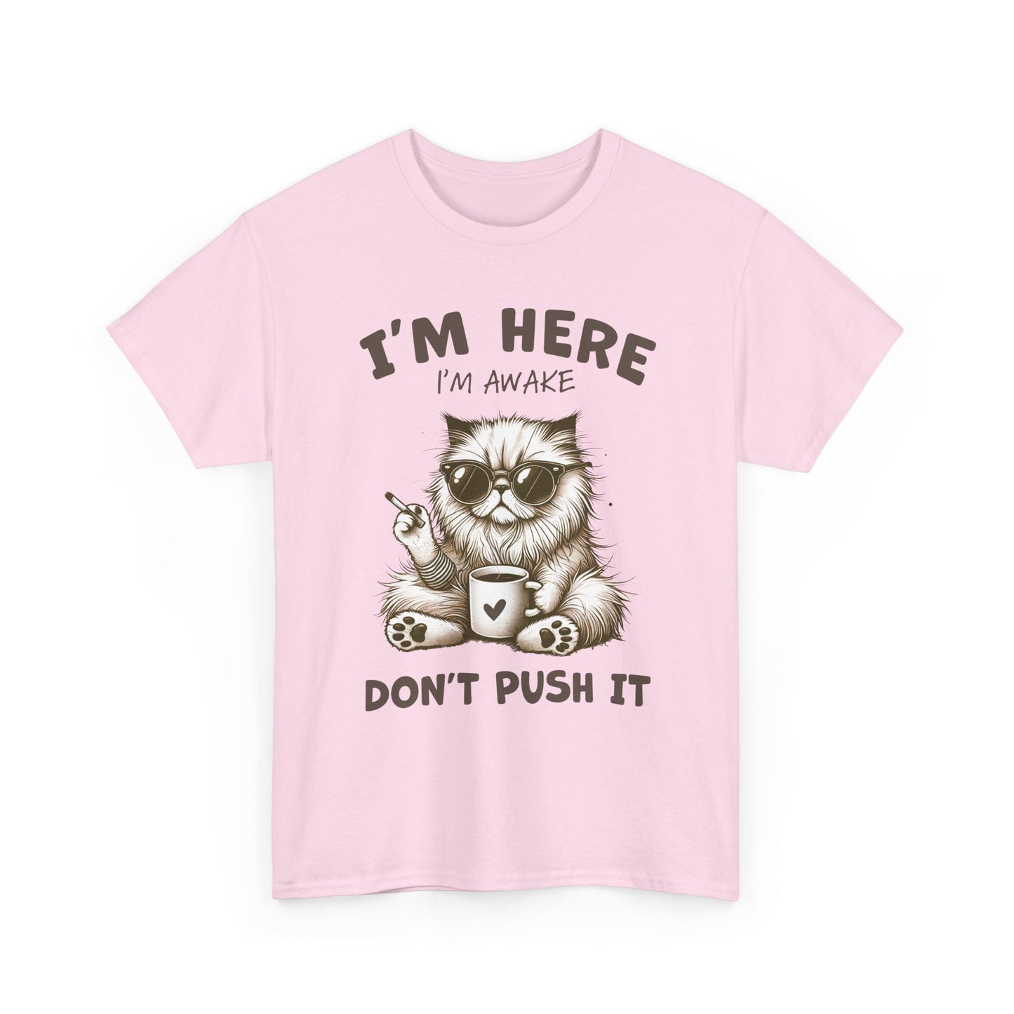 I'm Here I'm Awake Don’t Push It Cat T-Shirt — Funny Coffee Cat Tee for Cat Lovers