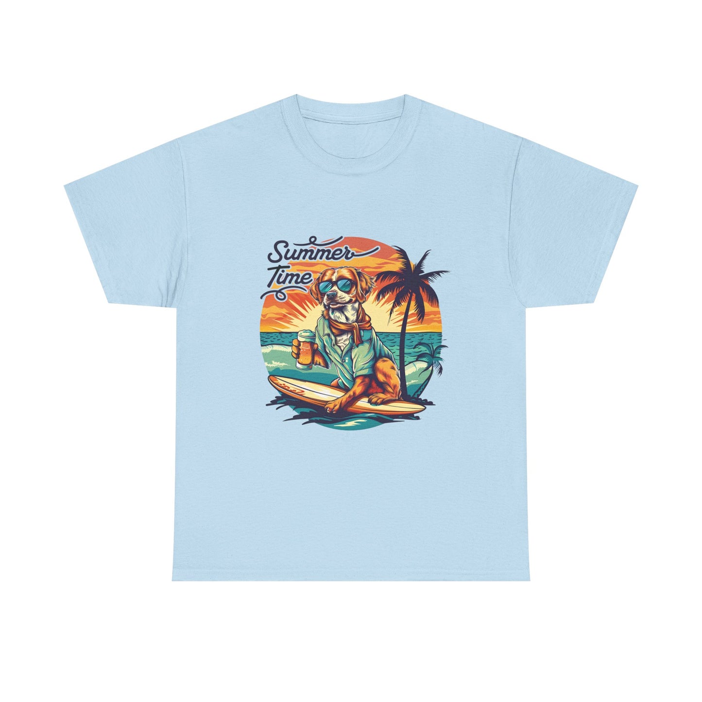Summer Time Surfer Dog T‑Shirt — Vintage Beach Palm Surfing Dog Tee
