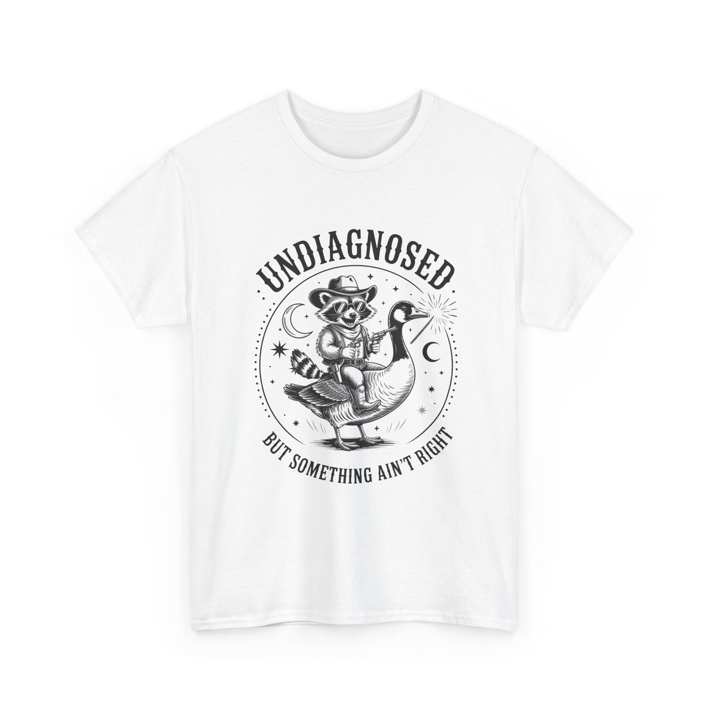 Undiagnosed But Something Ain't Right T-Shirt — Funny Retro Raccoon Riding Goose Tee