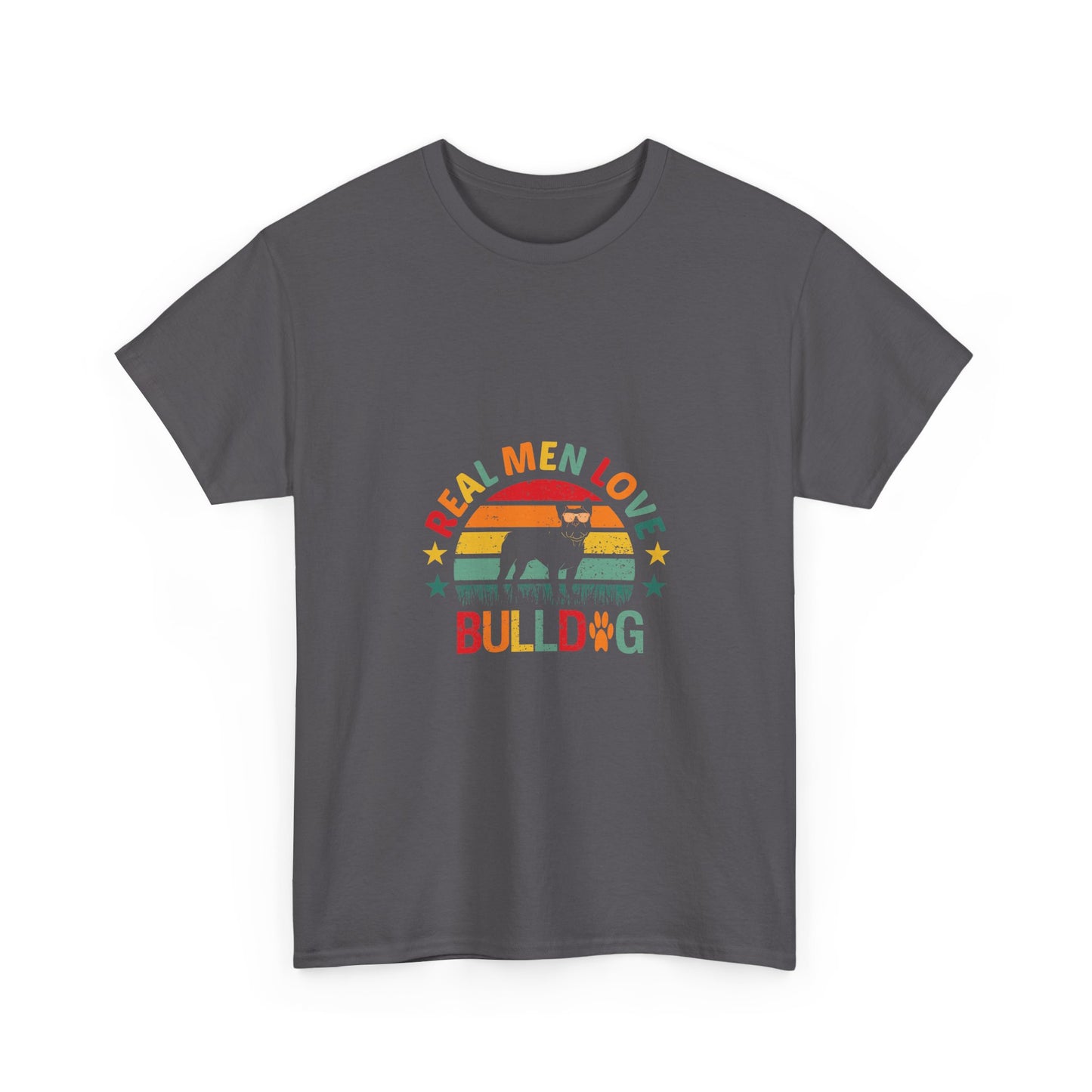 Bulldog T-Shirt — "Real Men Love Bulldog" Retro Rainbow Graphic Tee