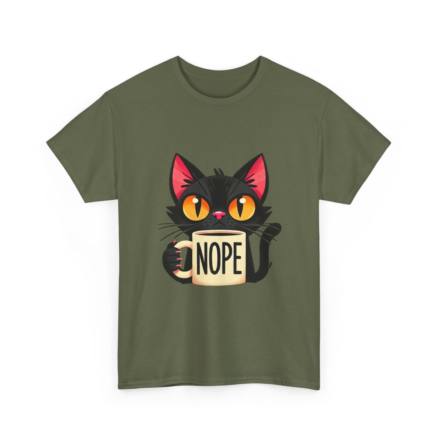Cat 'Nope' T-Shirt — Cute Black Cat Holding 'NOPE' Mug Graphic Tee