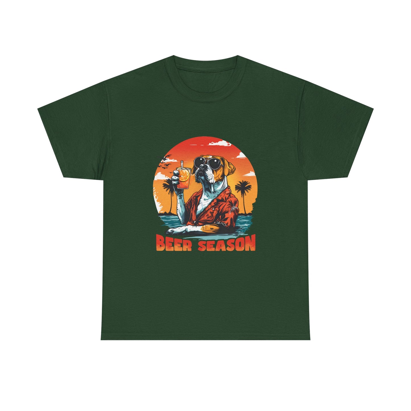 Beer Season T-Shirt — Vintage Sunset Dog Holding Beer