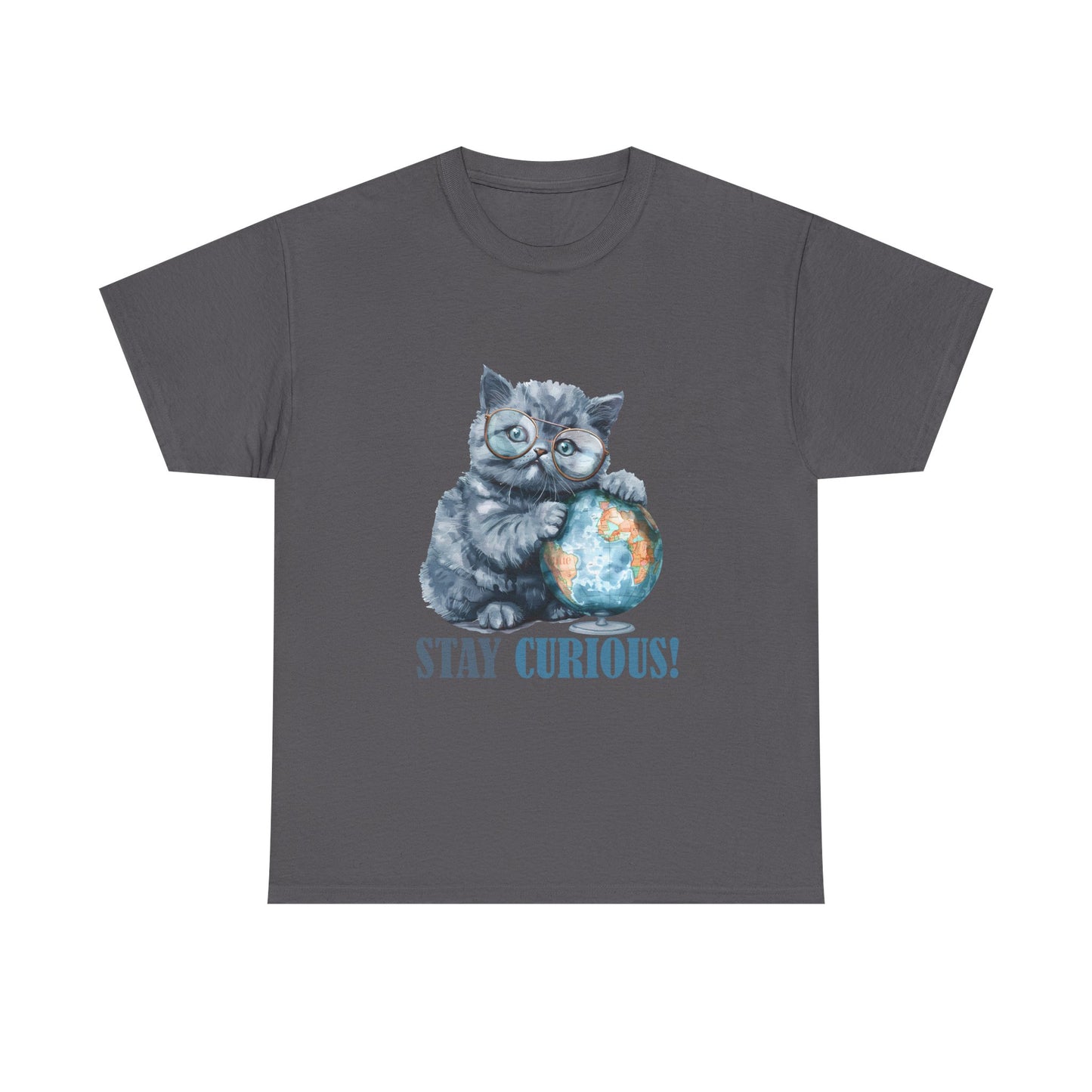 Cat & Globe T-Shirt — "Stay Curious!" Cute Explorer Kitten Tee