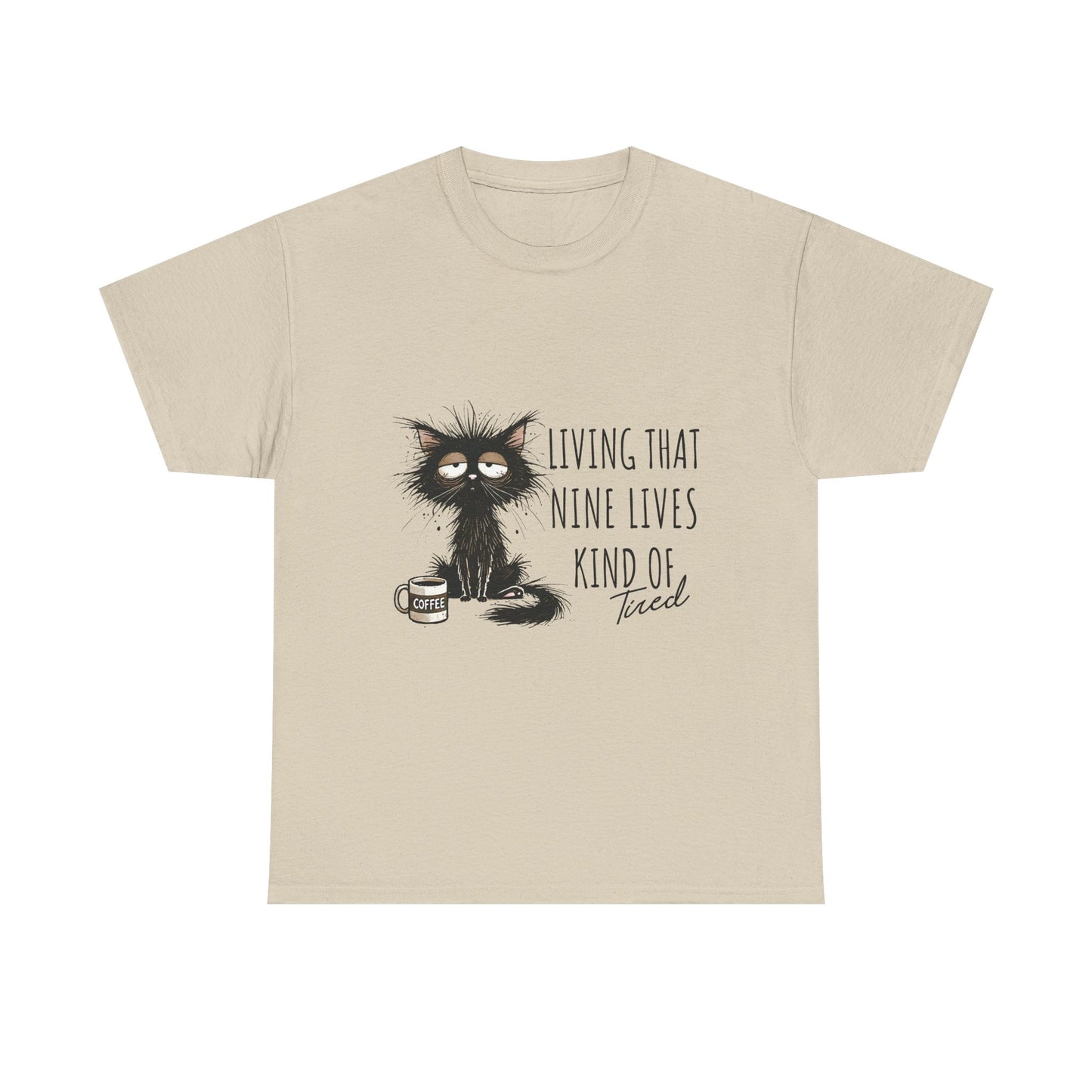Cat T-Shirt - "Living That Nine Lives Kind of Tired" Graphic Tee, Funny Coffee Cat Shirt for Cat Lovers