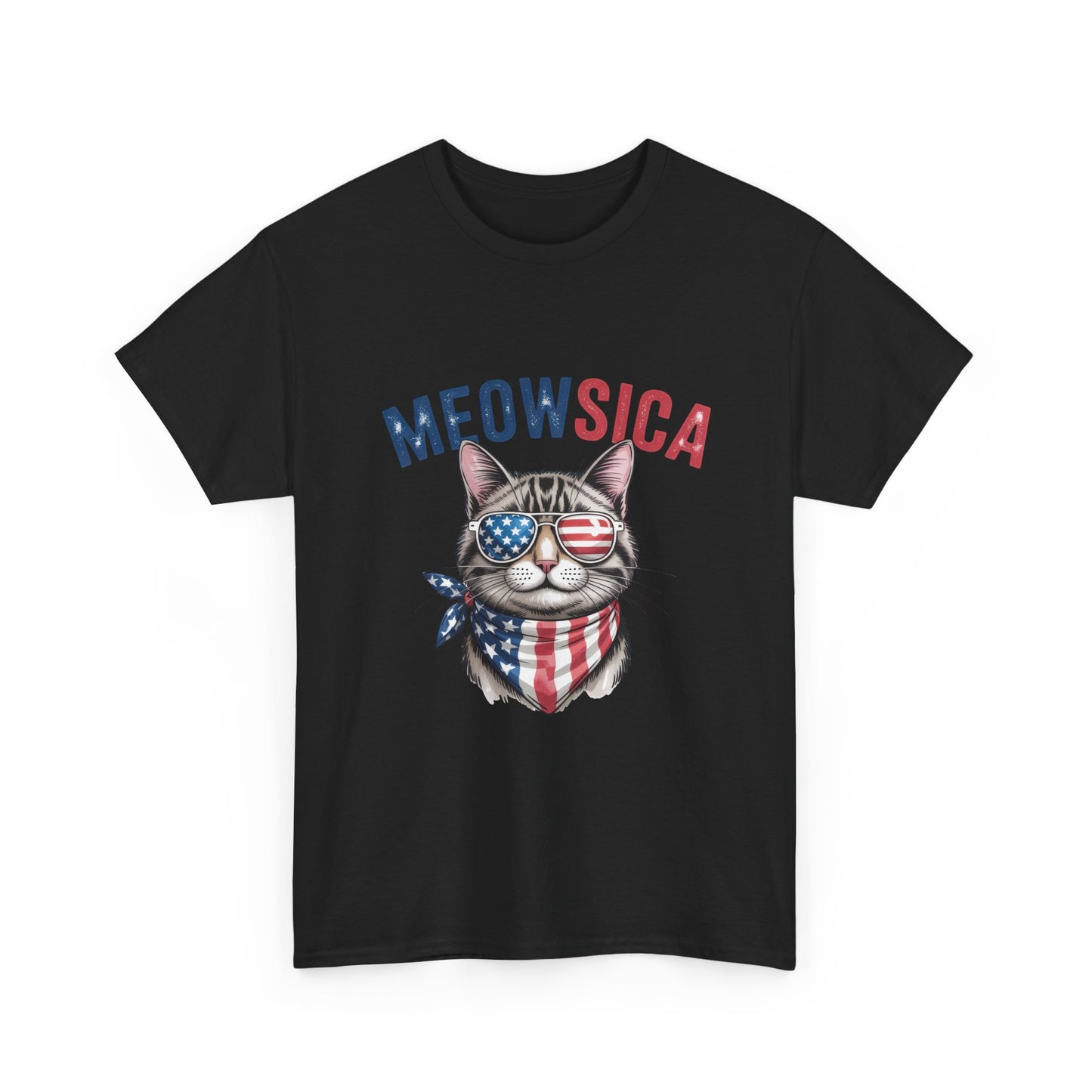 Meowsica Cat T‑Shirt — Patriotic American Flag Kitty Tee