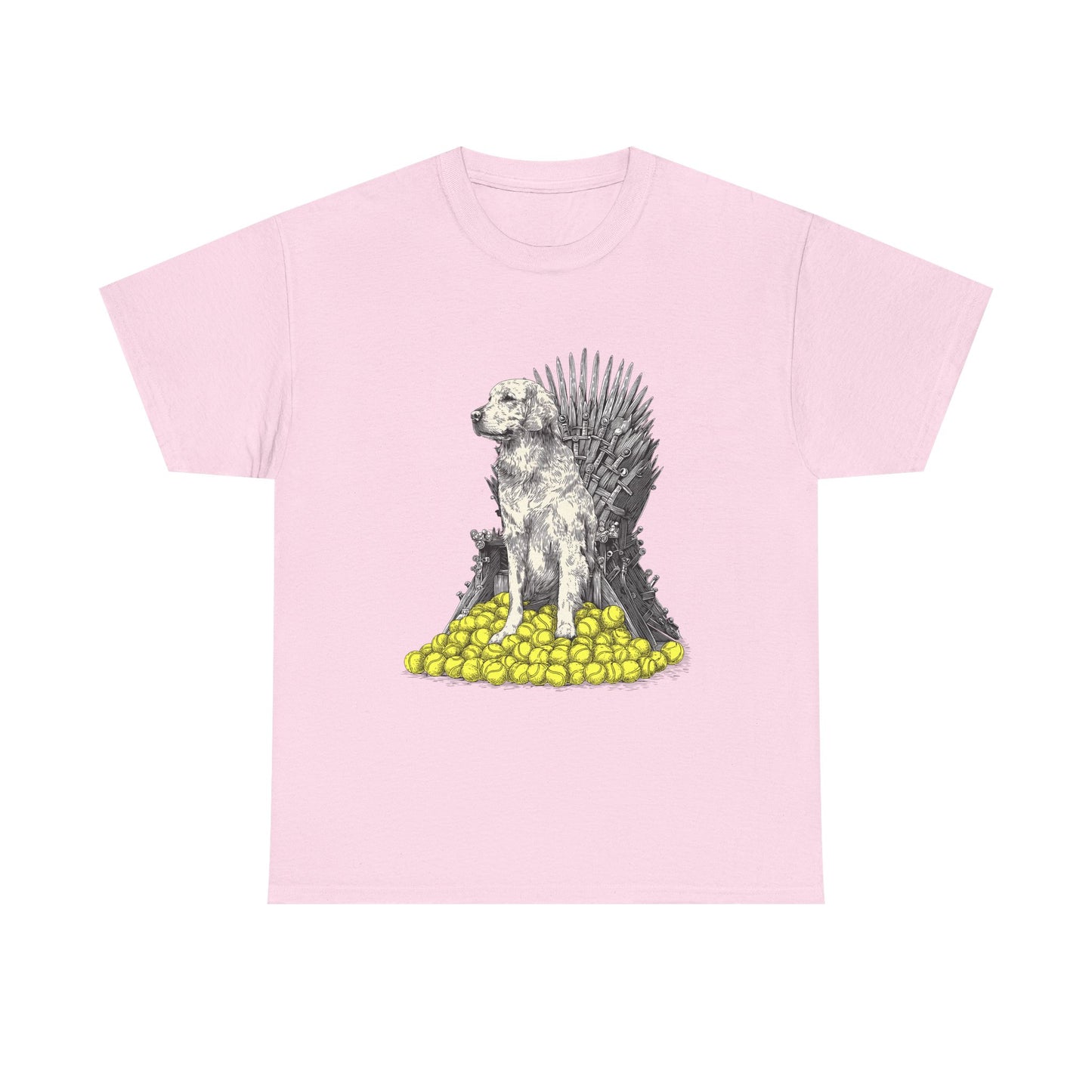 Dog Throne T‑Shirt — Dog on Iron Throne of Tennis Balls Graphic Tee