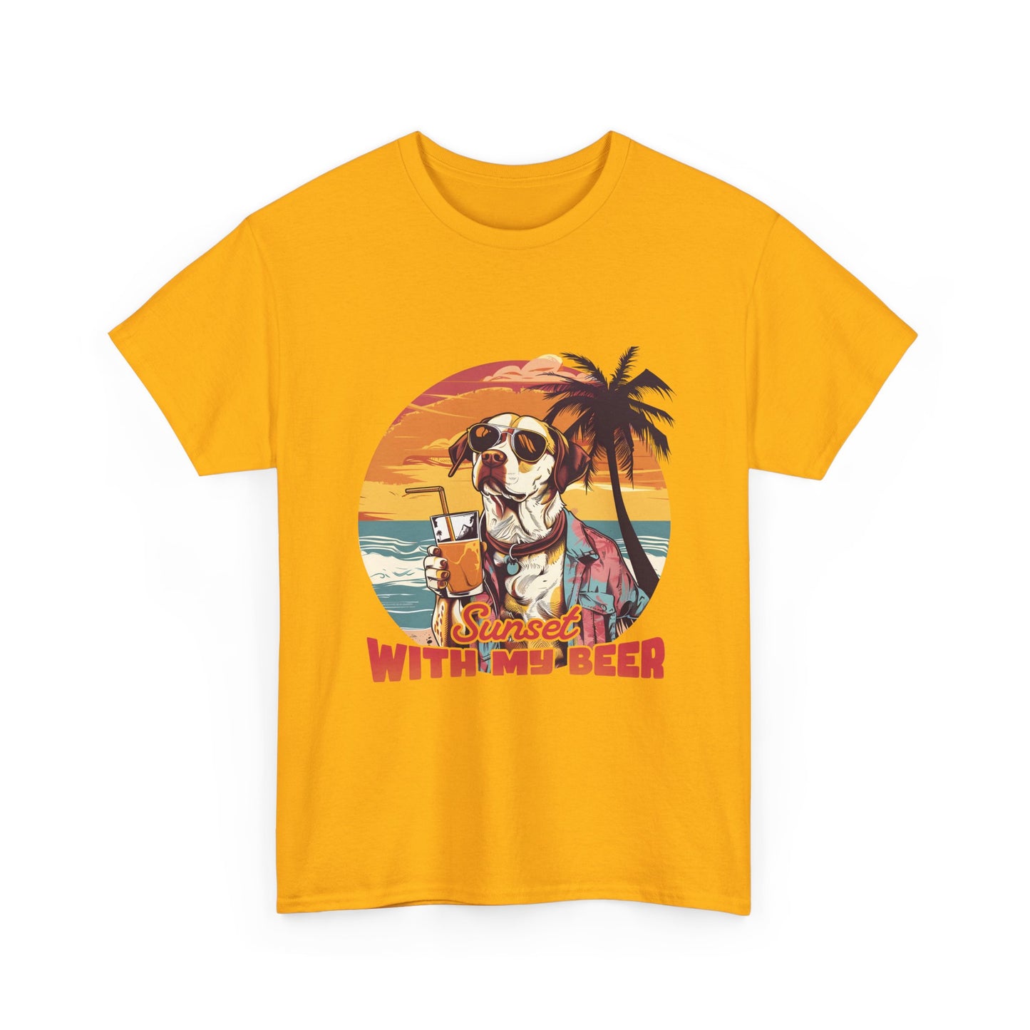 T-Shirt — Sunset With My Beer Dog Graphic Tee — Retro Tropical Beach Vibes