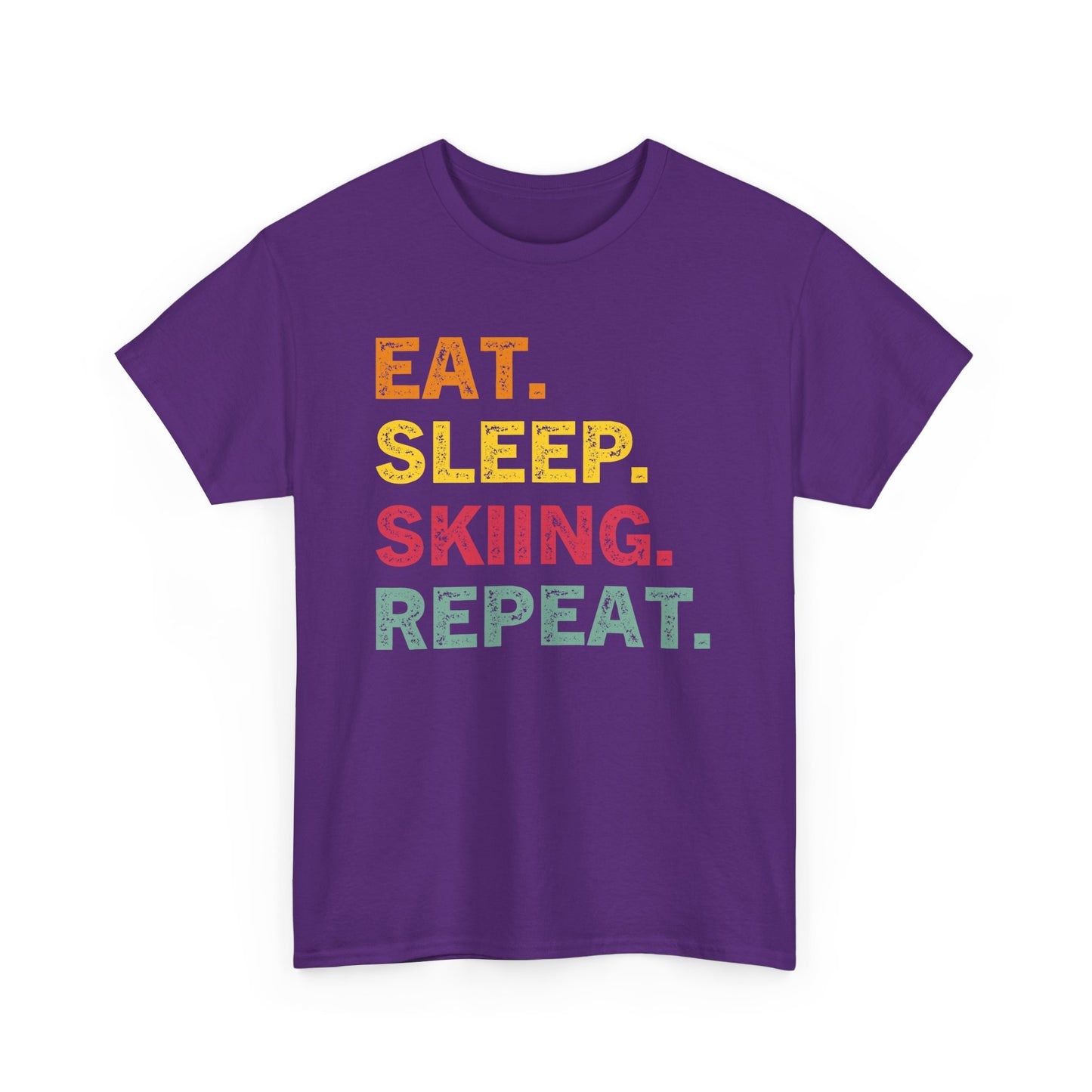 Ski T-Shirt — “Eat. Sleep. Skiing. Repeat.” Retro Colorblock Skiing Tee