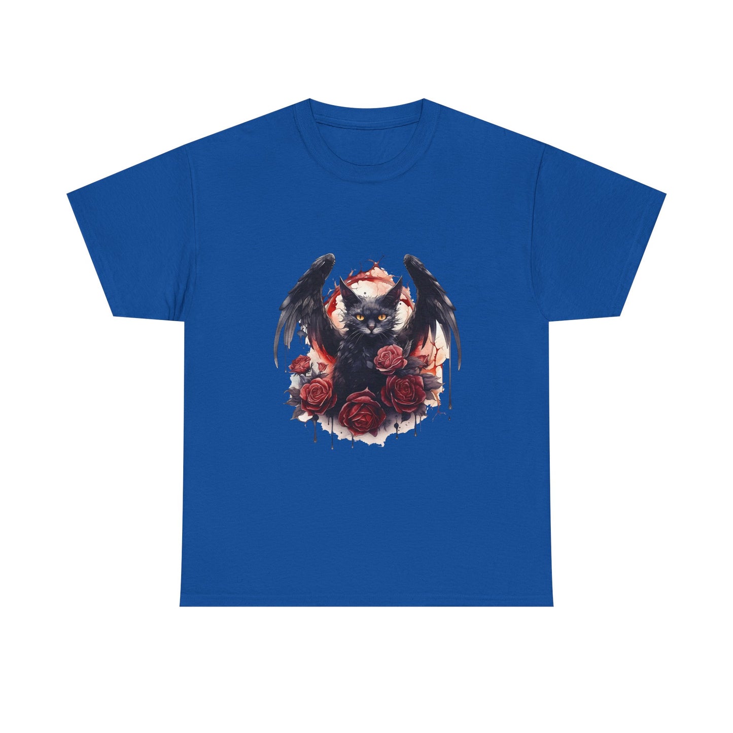 Cat Demon Tee — Gothic Bat-Wing Cat with Roses Graphic Shirt