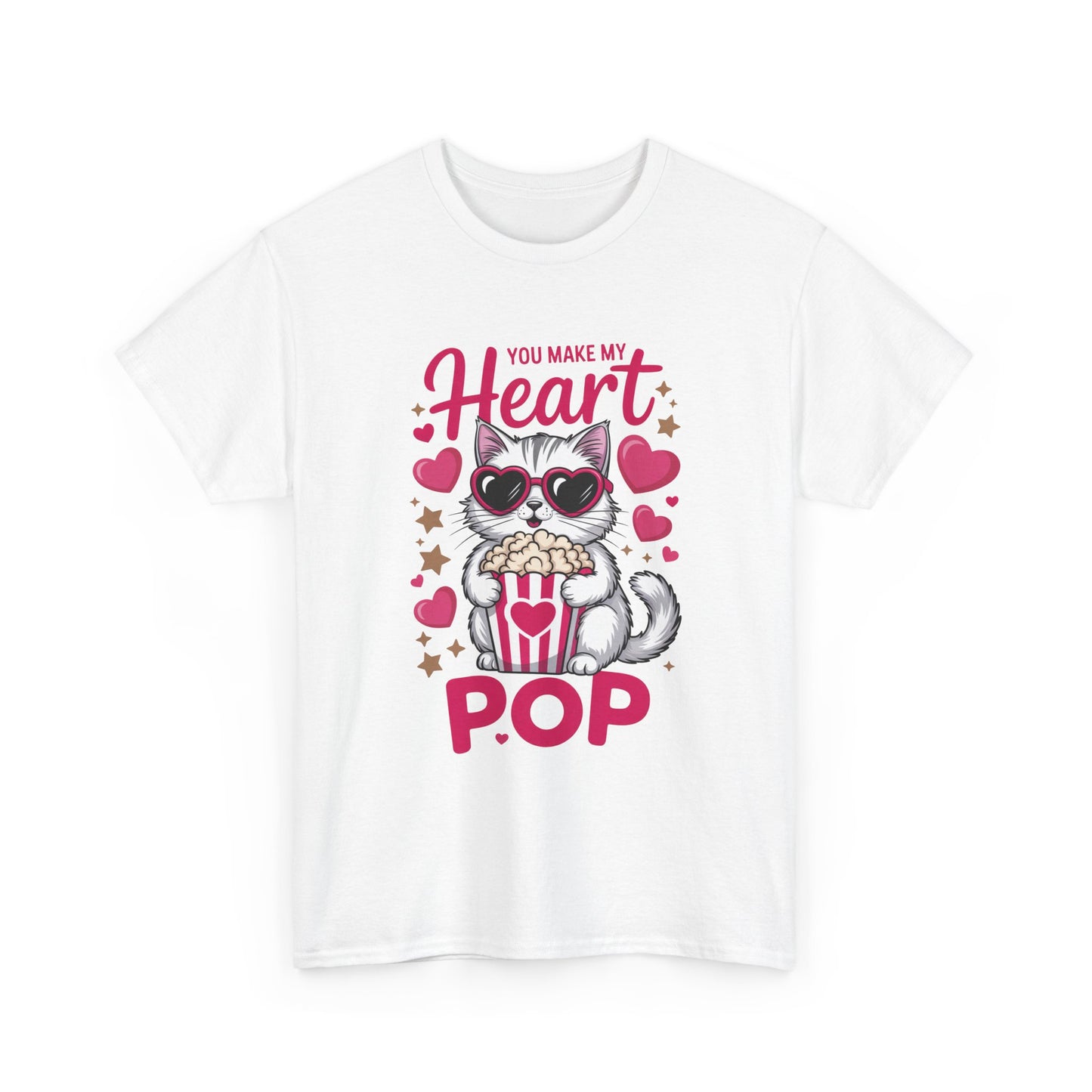 T-Shirt — "You Make My Heart Pop" Cute Cat Popcorn