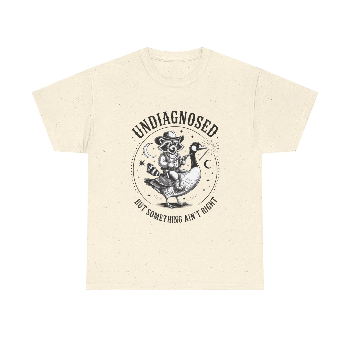 Undiagnosed But Something Ain't Right T-Shirt — Funny Retro Raccoon Riding Goose Tee