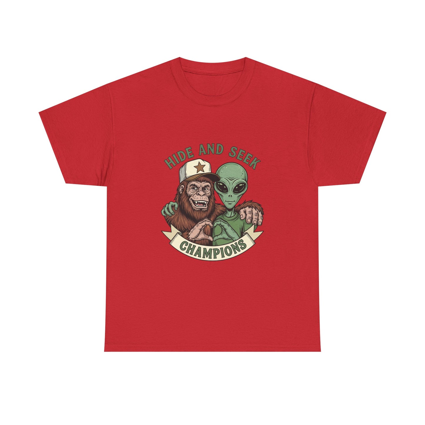 Hide and Seek Champions T-Shirt — Bigfoot & Alien Graphic Tee