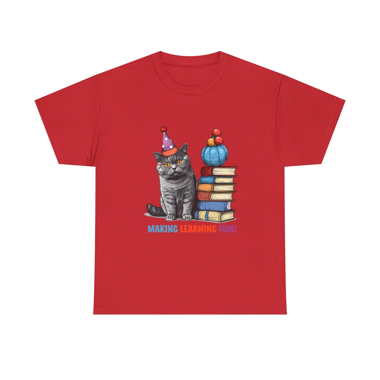 Cat Teacher T-Shirt — "Making Learning Fun!" Cute School Cat with Books Tee